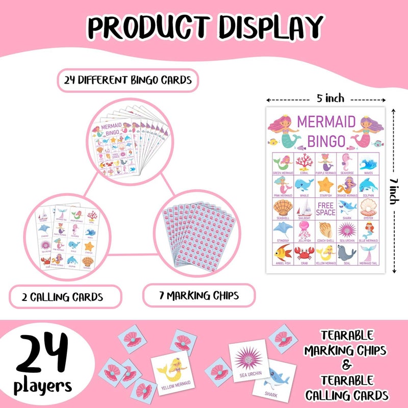 Qssfdgg Mermaid Bingo Cards, 24 Player Under The Sea Party Bingo Game for Family Adult, Ocean Mermaid Party Favor, Large Group Party Celebration Activity -08 - Image 2
